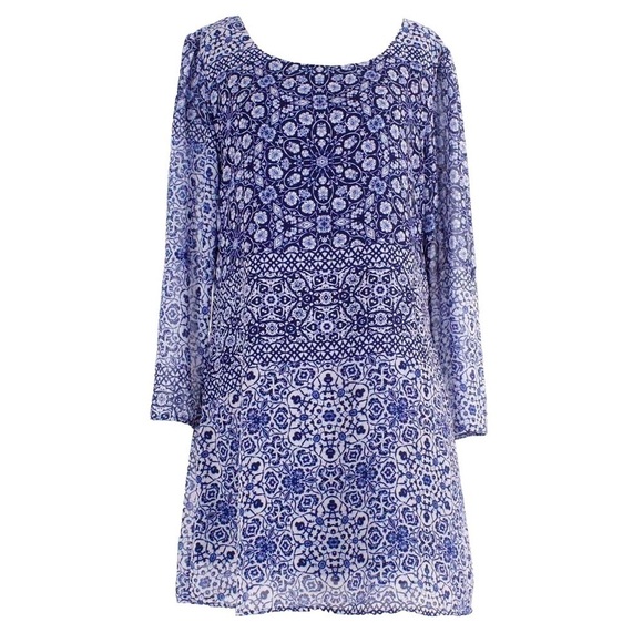 SPEECHLESS • Blue Geometric Floral Print Sheer Long Sleeve Dress - Picture 1 of 9